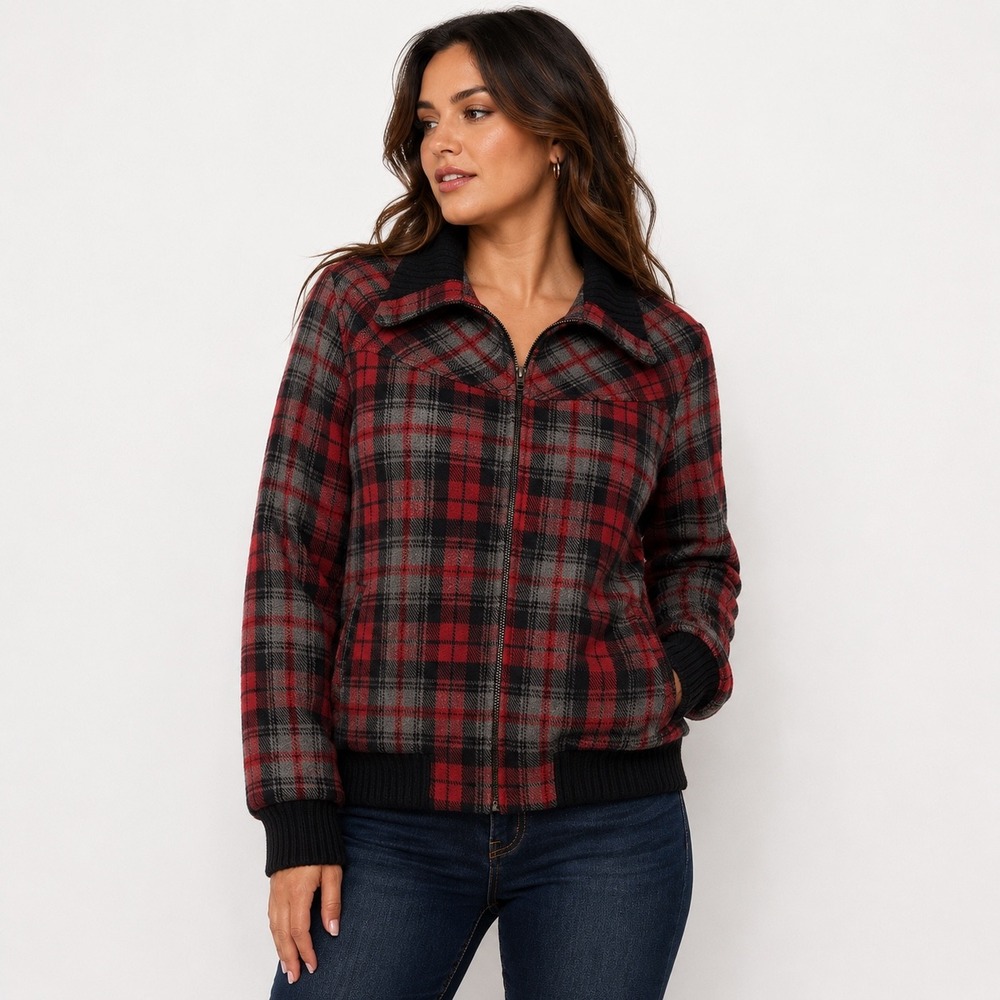 Relativity Bomber Jacket XL Red Plaid Wool Blend Full Zip Ribbed Trim Preppy Y2K